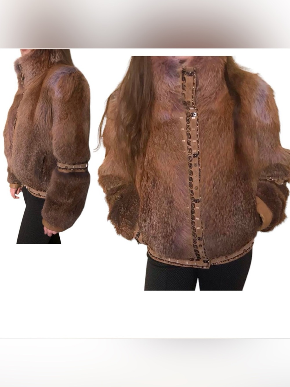 Luxurious Tan Fox Fur Jacket with Embellished Trim - Picture 4 of 11